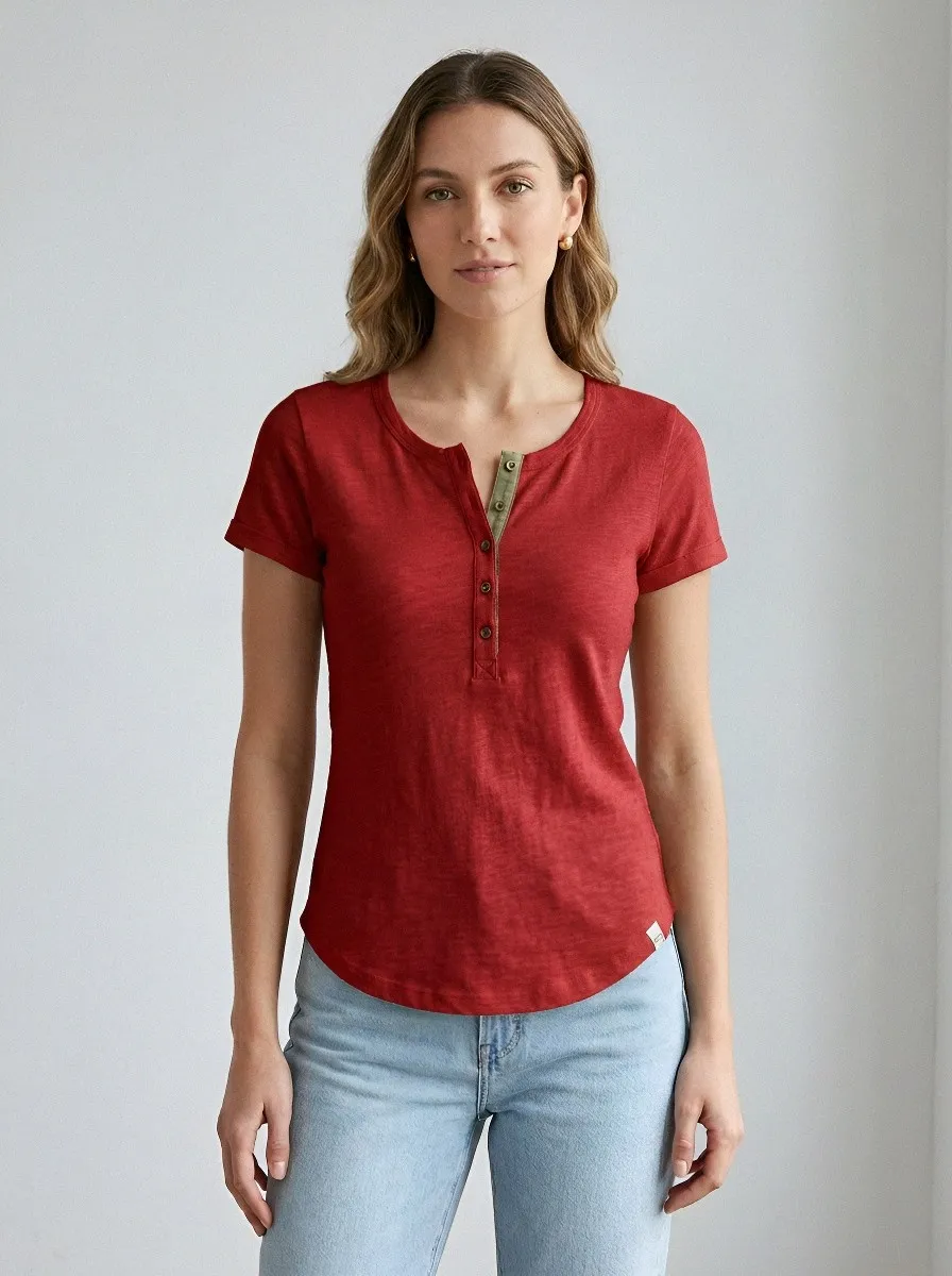Women's Casual Minimalist Olive Trim Buttoned Henley Shirt
