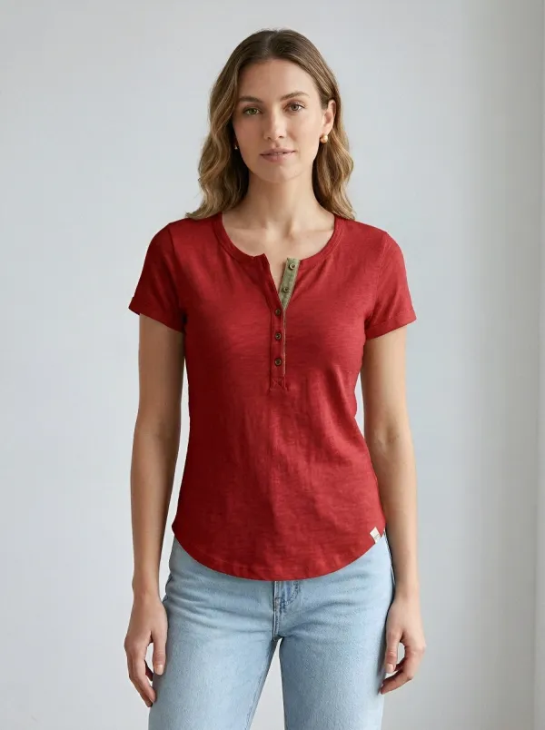 Women's Casual Minimalist Olive Trim Buttoned Henley Shirt