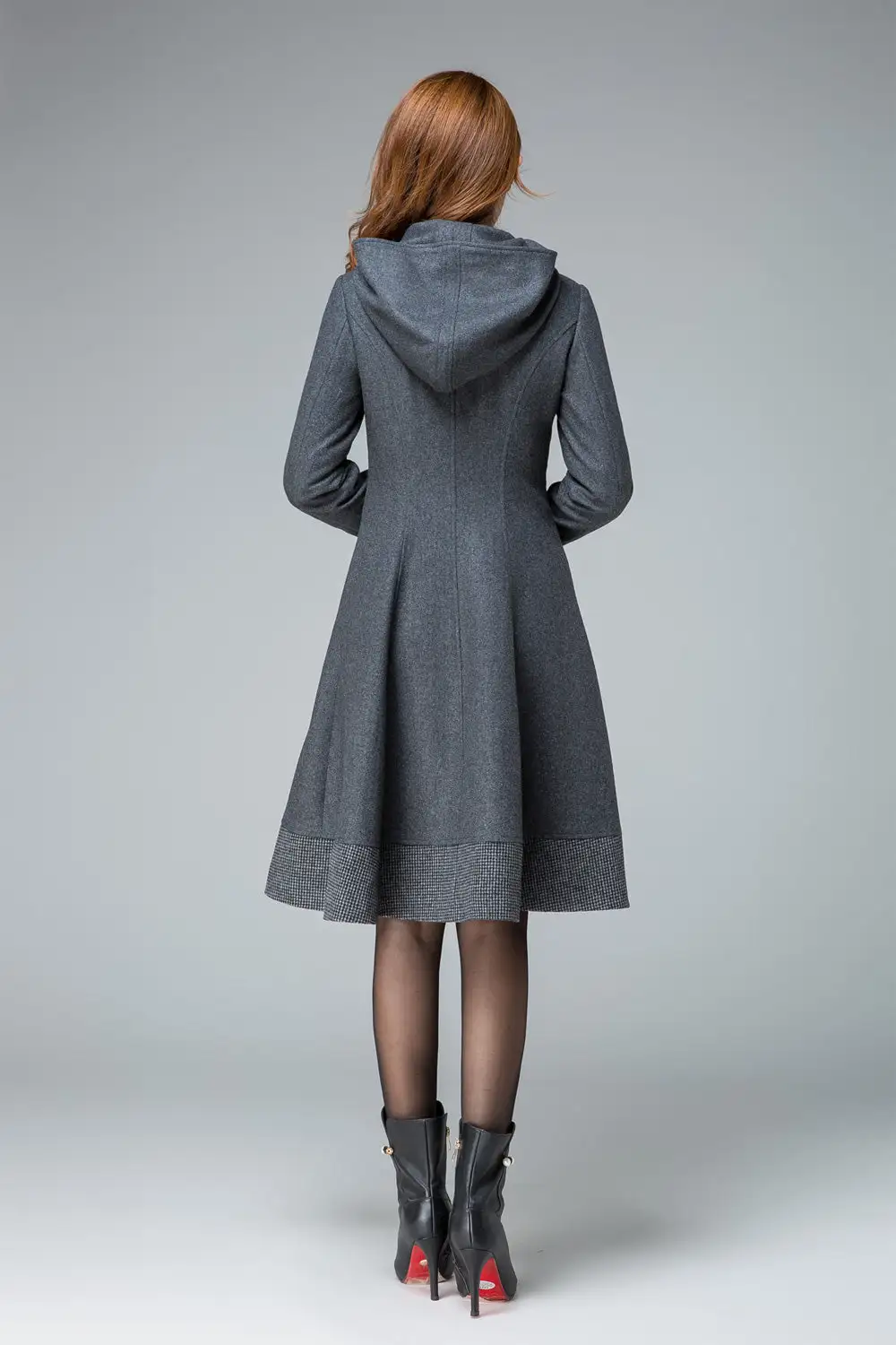 Plaid Wool Blend Swing Hooded Coat