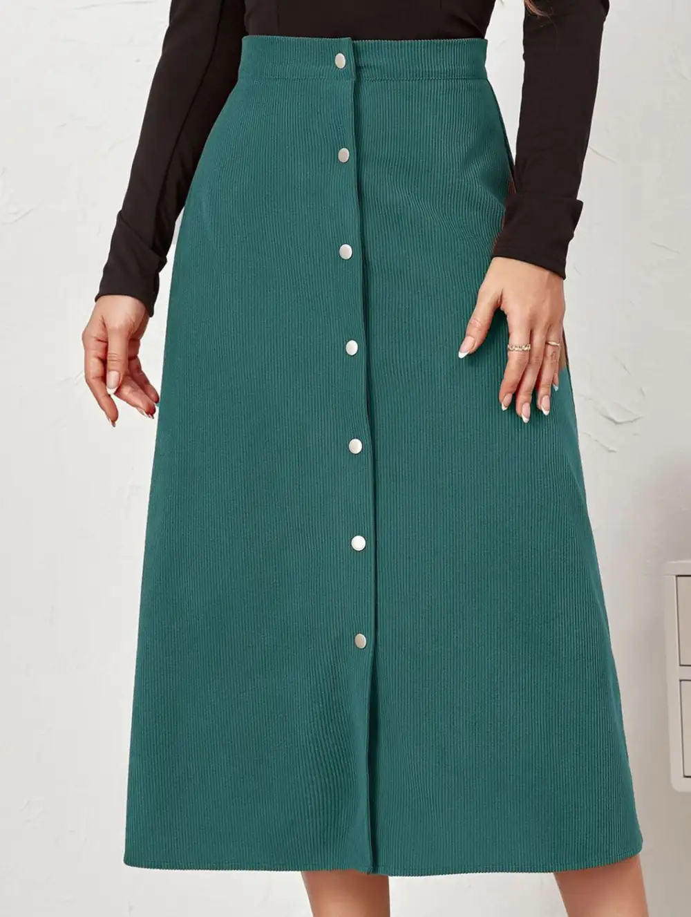 Corduroy Button Front Midi Skirt