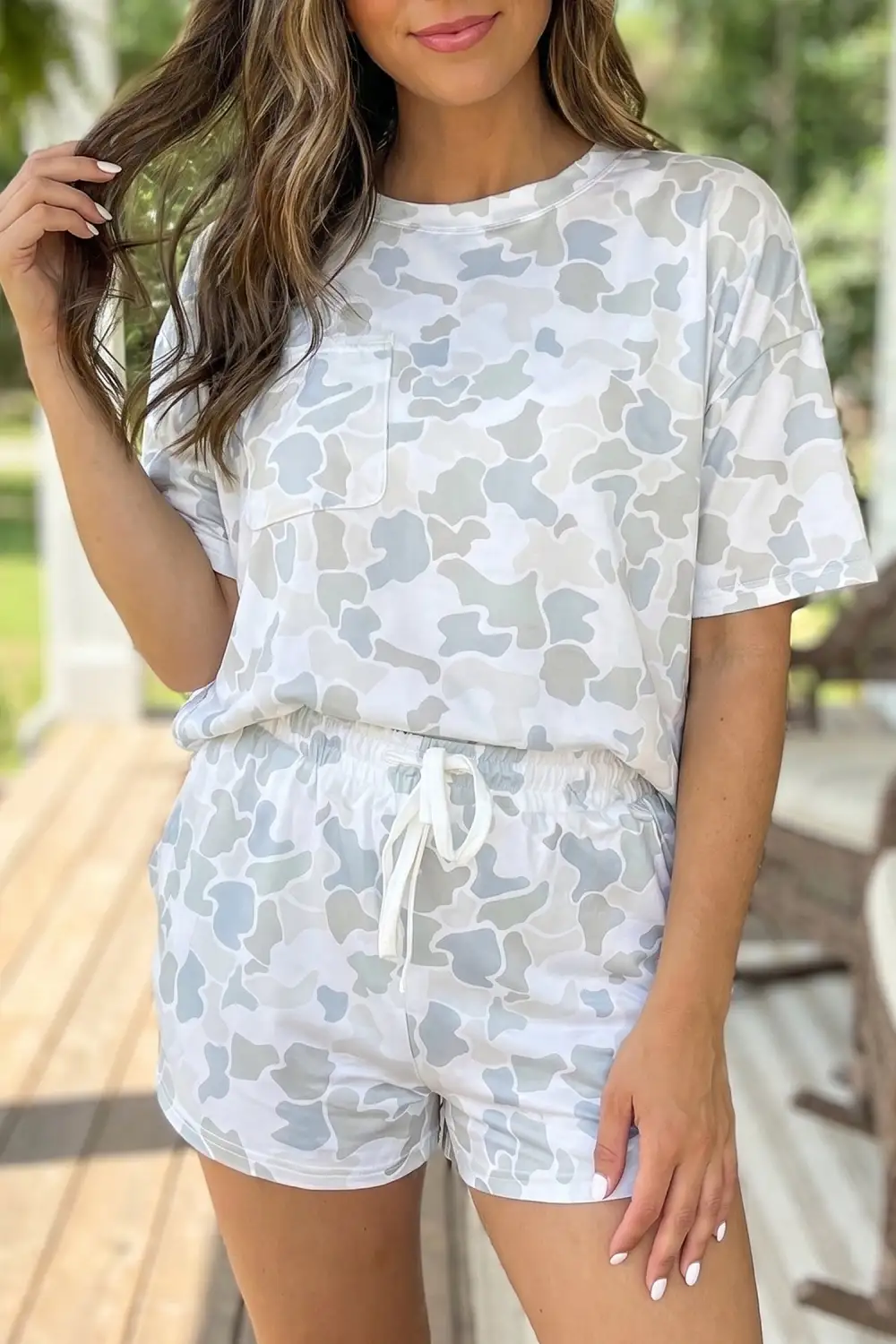 Women's Camouflage Print Casual Tee Drawstring Short Set
