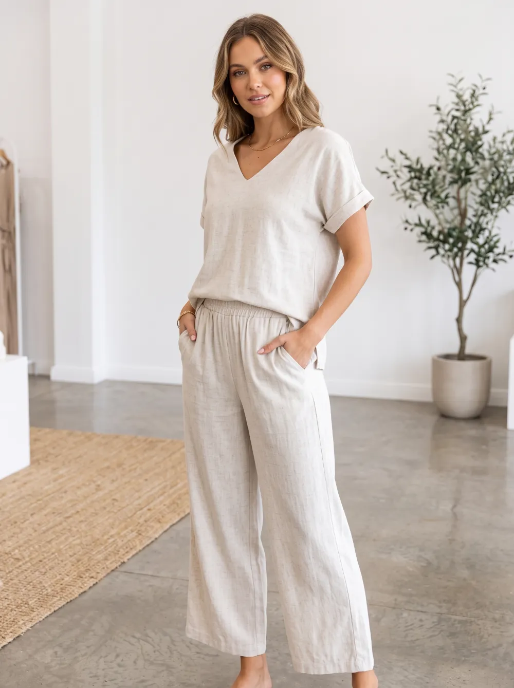 Casual V Neck Straight Leg Set