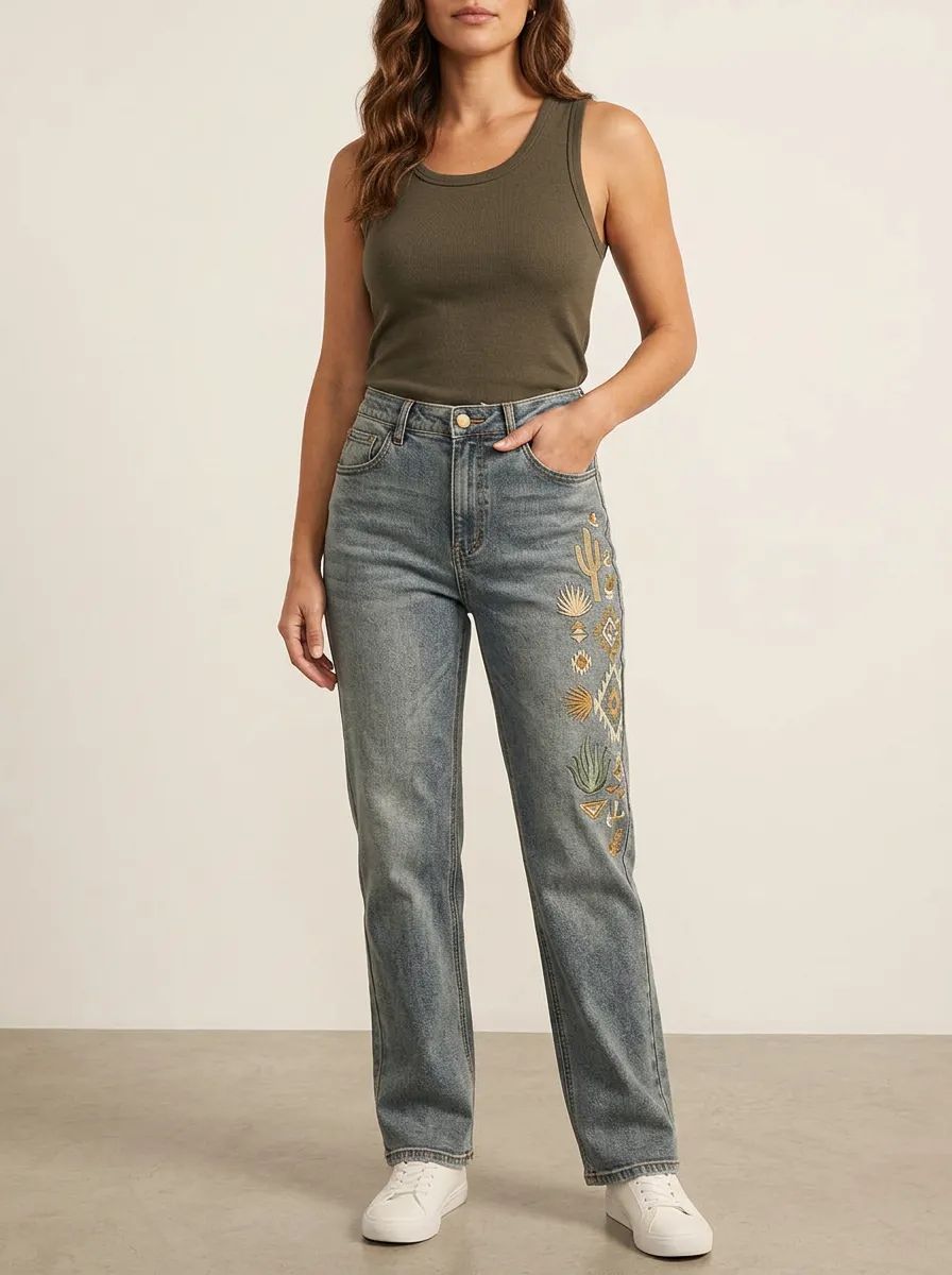 Women's Desert Boho Cactus Embroidered Printed Straight Leg Jeans