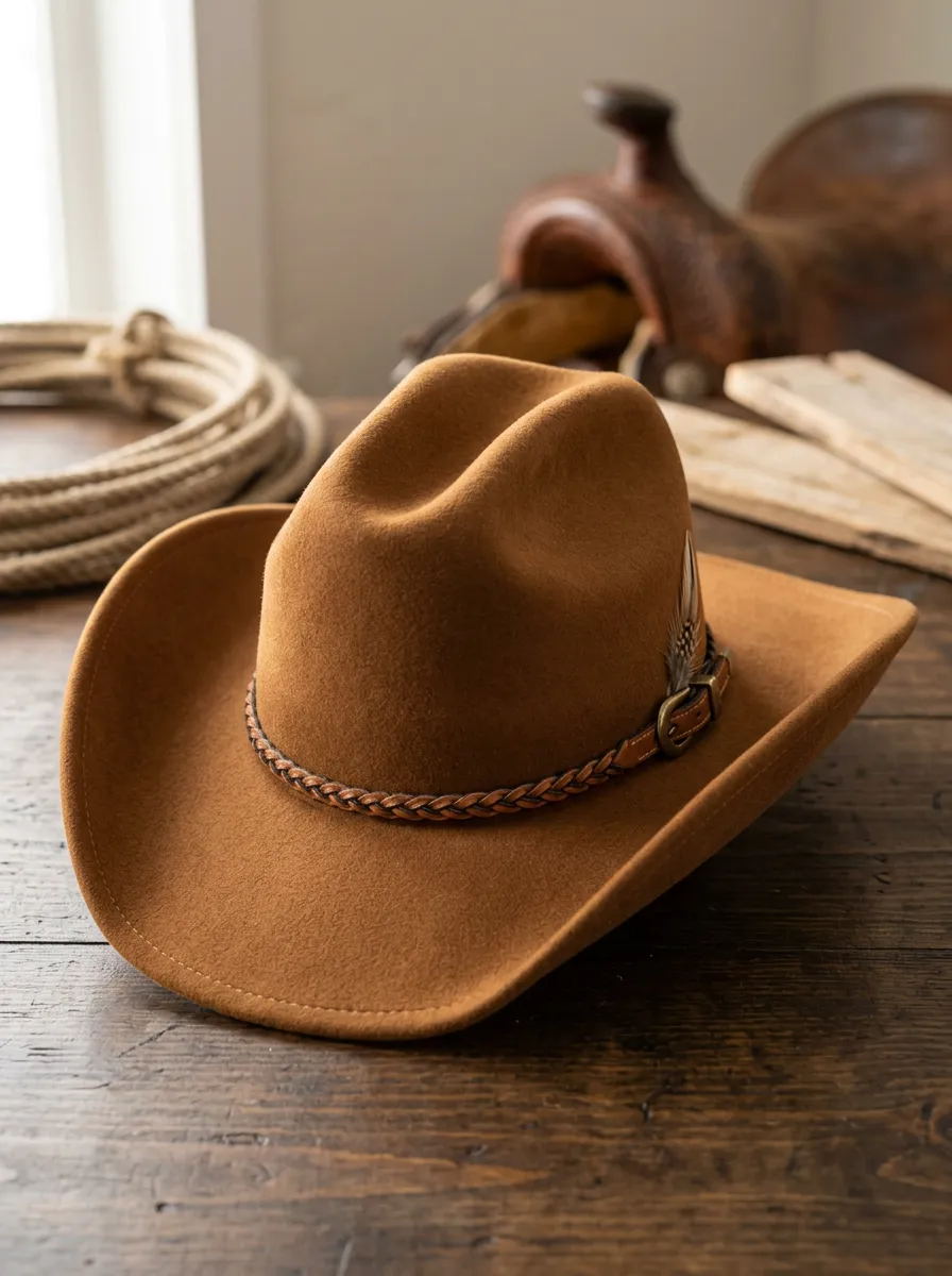 Unisex Felt Cowboy Hat with Feather Trim and Braided Band