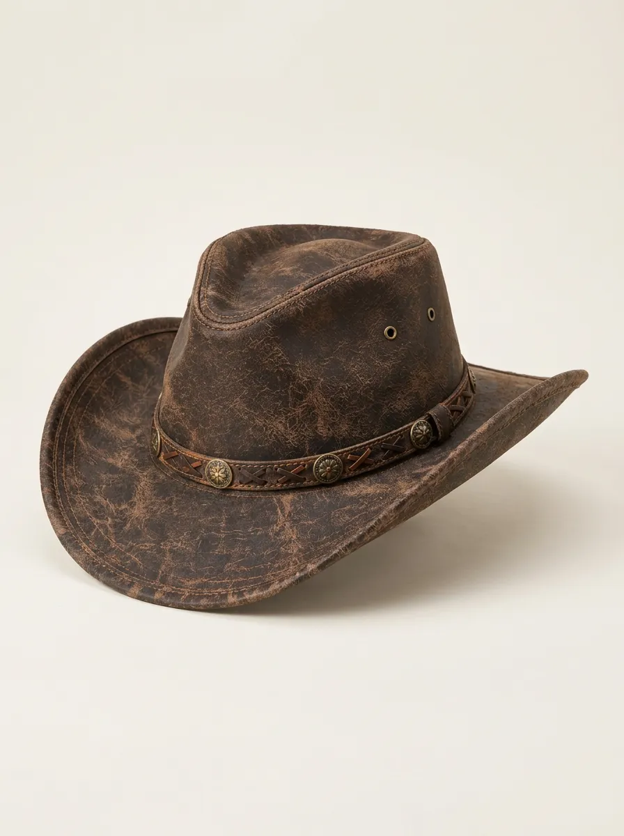 Distressed Leather Cowboy Hat with Concho Band