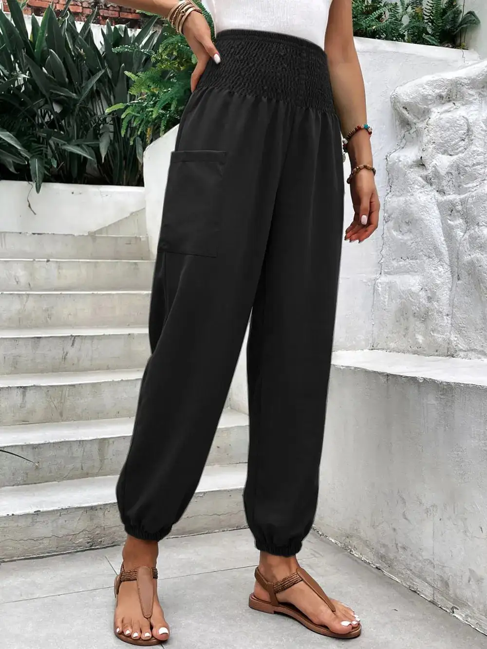 Jogger High Waist Smocked Waist Pocketed Pants