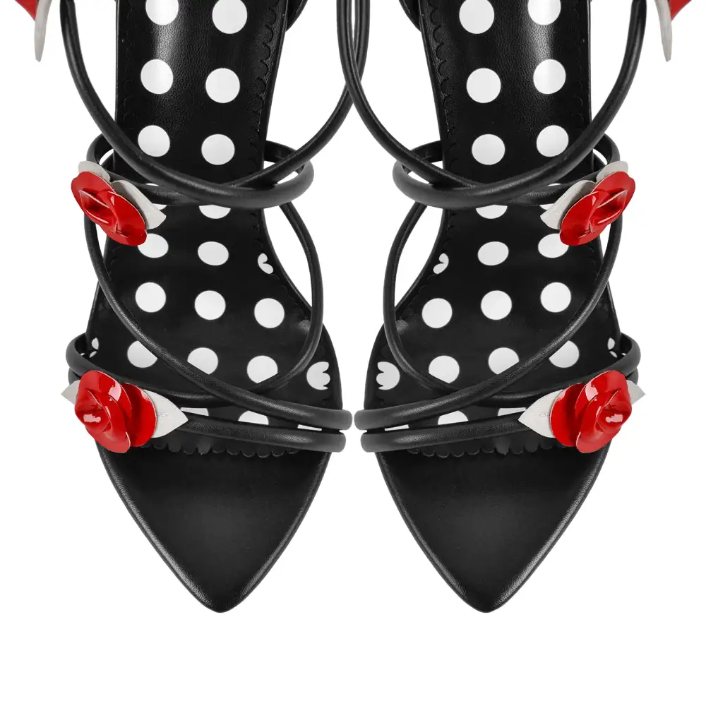 Pointed Toe Gladiator Flower Lace Up Stiletto Sandals
