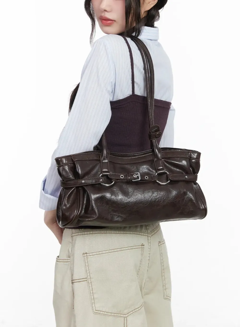 Buckle Accent Faux Leather Shoulder Bag