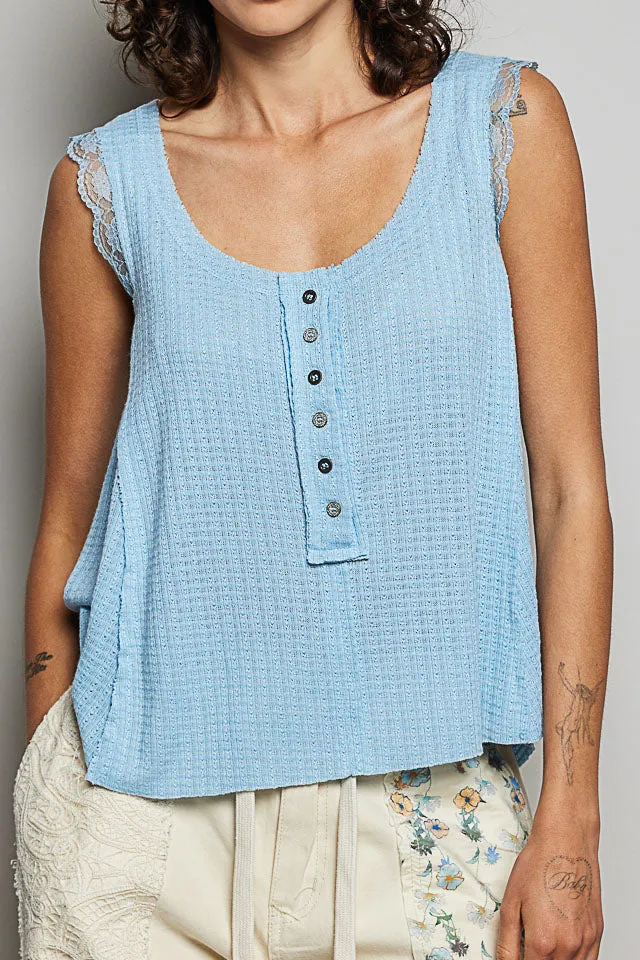 Textured Knit Round Neck Tank With Lace Detail Polyester Blend