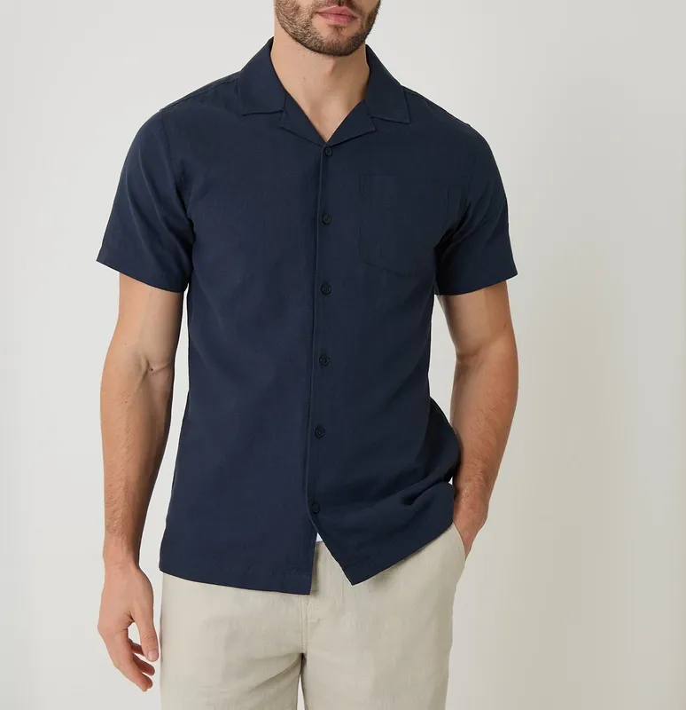 Navy Linen-Cotton Blend Short-Sleeve Shirt