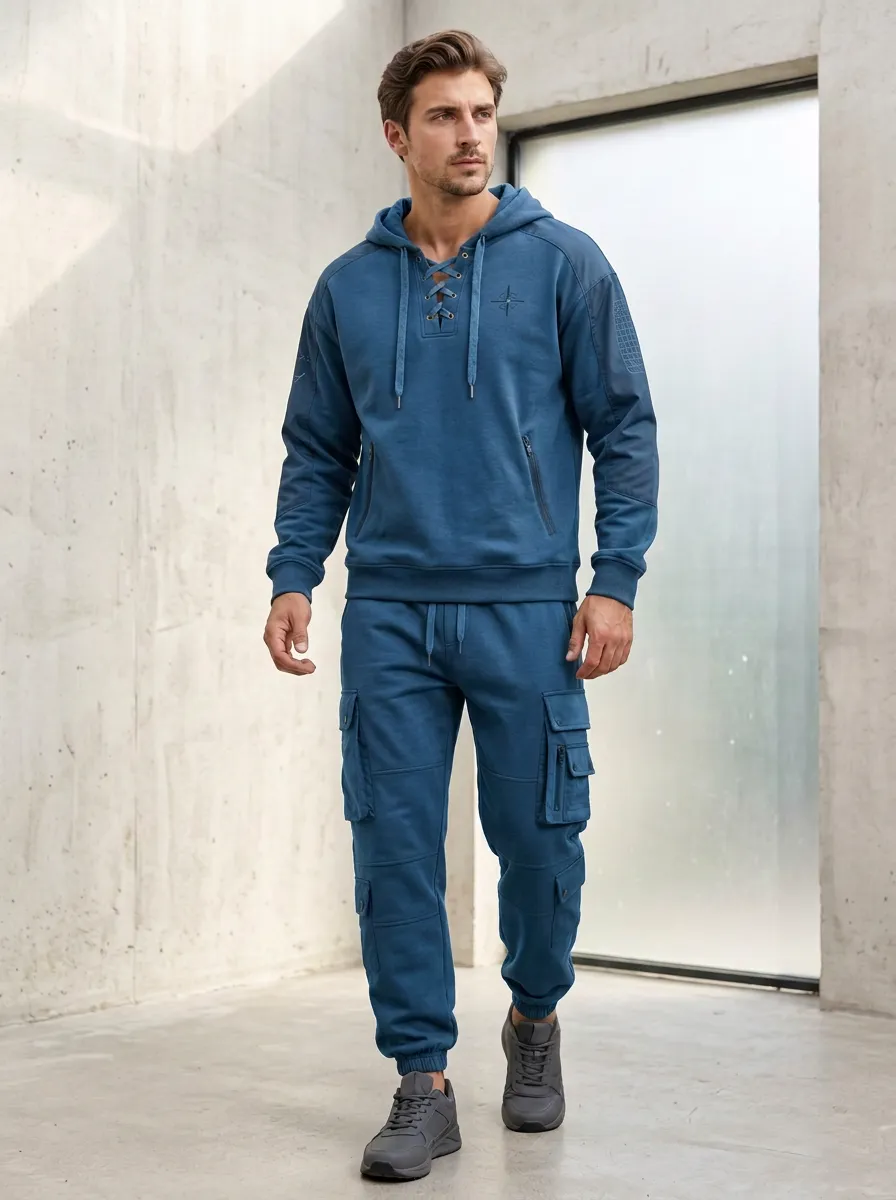Urban Lace-Up Multi Pocket Relaxed Look Men's Lace Up Hoodie And Cargo Jogger Set