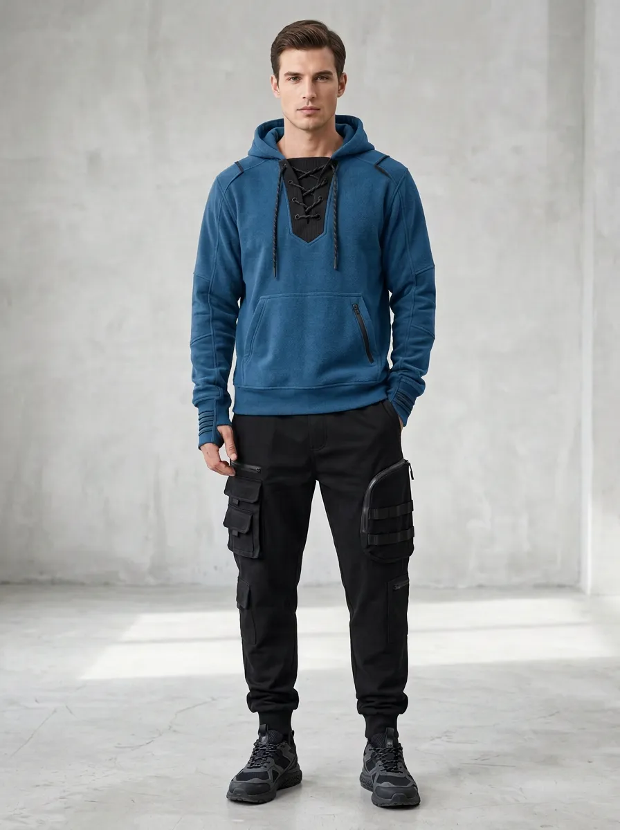 Core Lace-Up Multi Pocket Style Men's Lace Up Hoodie And Cargo Jogger Set