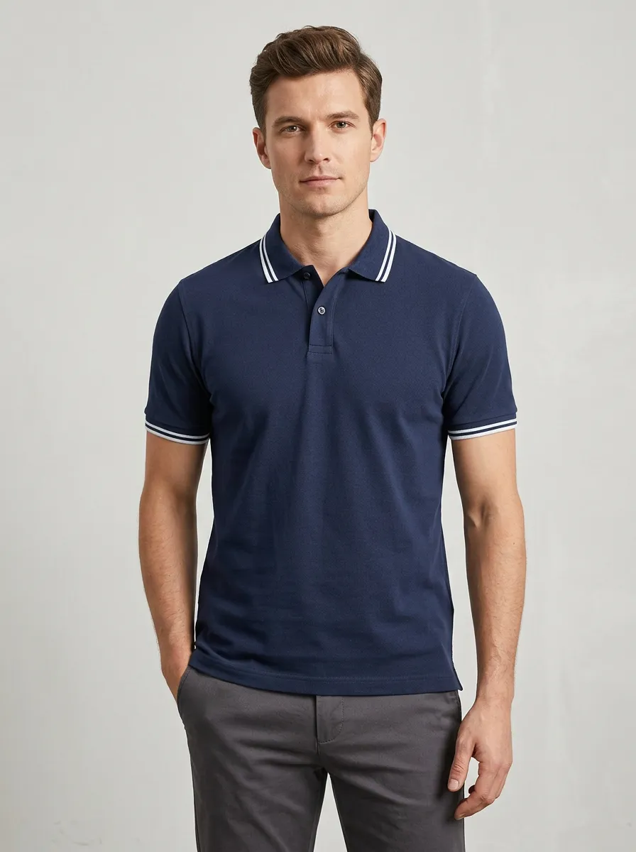 Men's Navy Blue Contrast Striped Collar Printed Polo Shirt