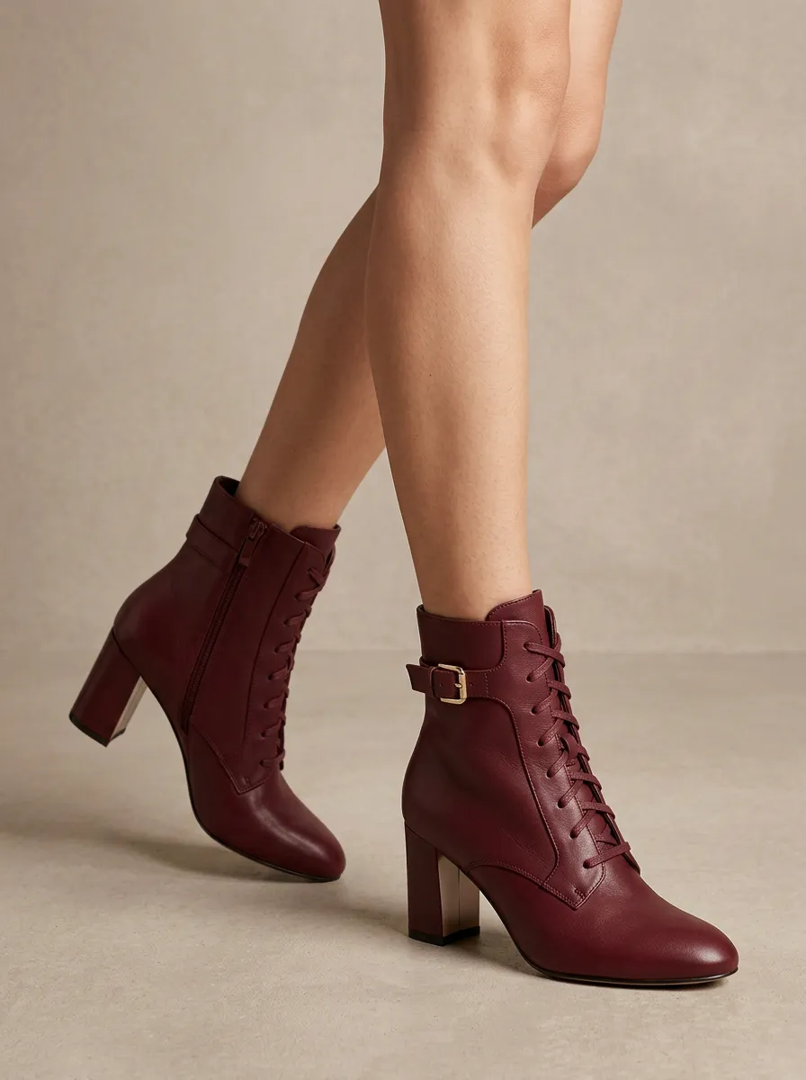 Buckle-Detail Lace-Up Women's High-Heel Ankle Boots
