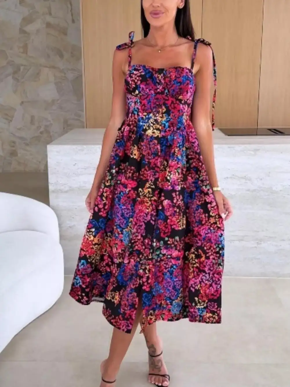 Printed Tie-strap Midi Dress