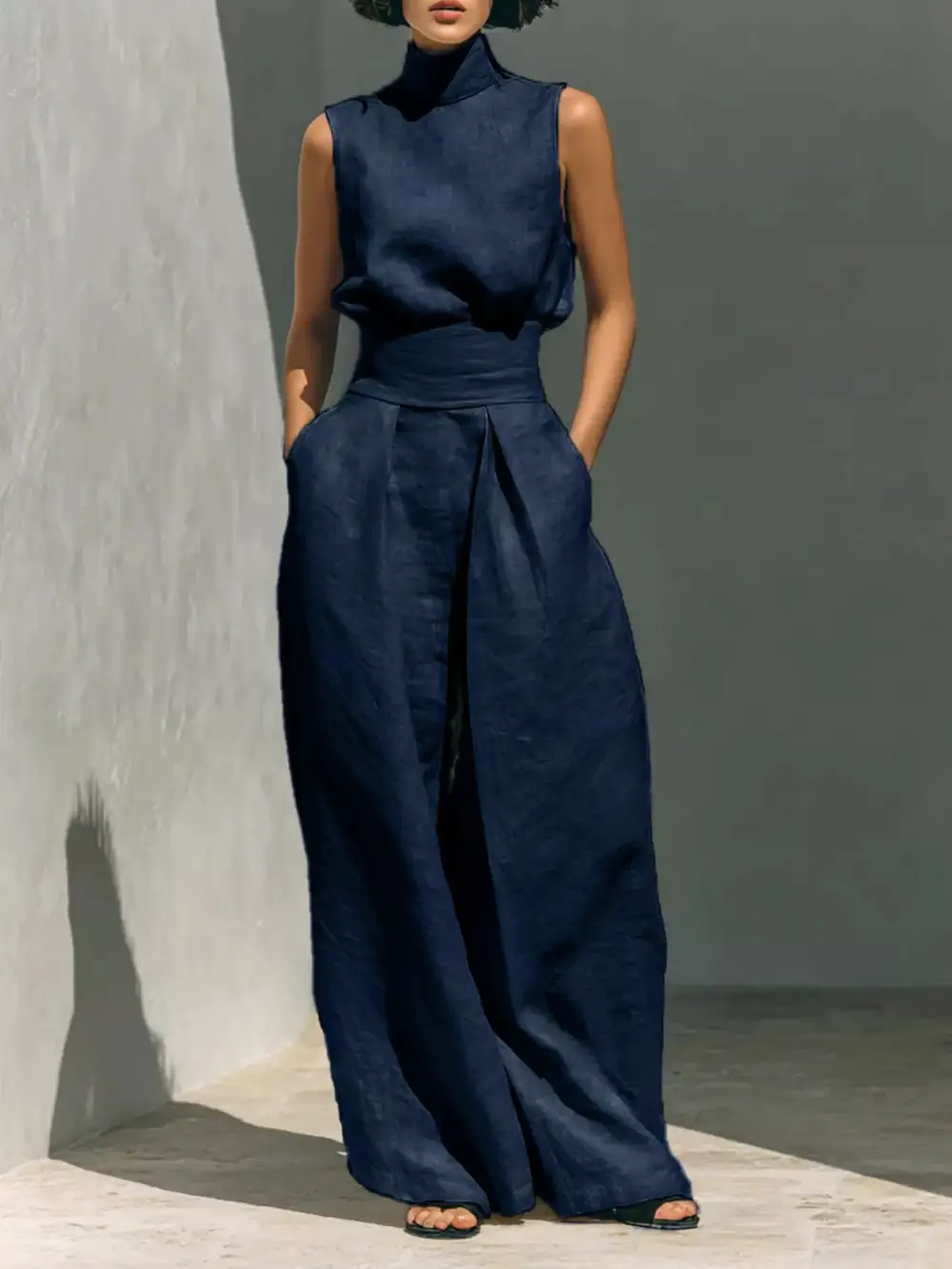 Turtleneck Sleeveless Top and Wide Leg Pants Set
