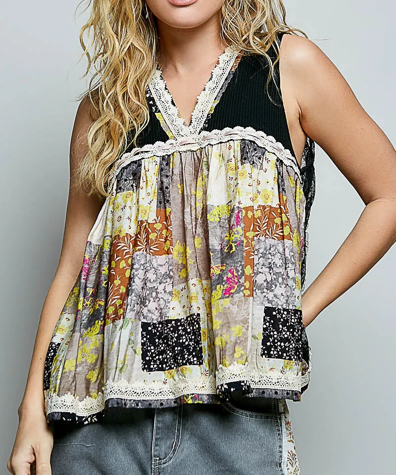 Floral V-Neck Sheer Tank With Lace Trim Lightweight Design