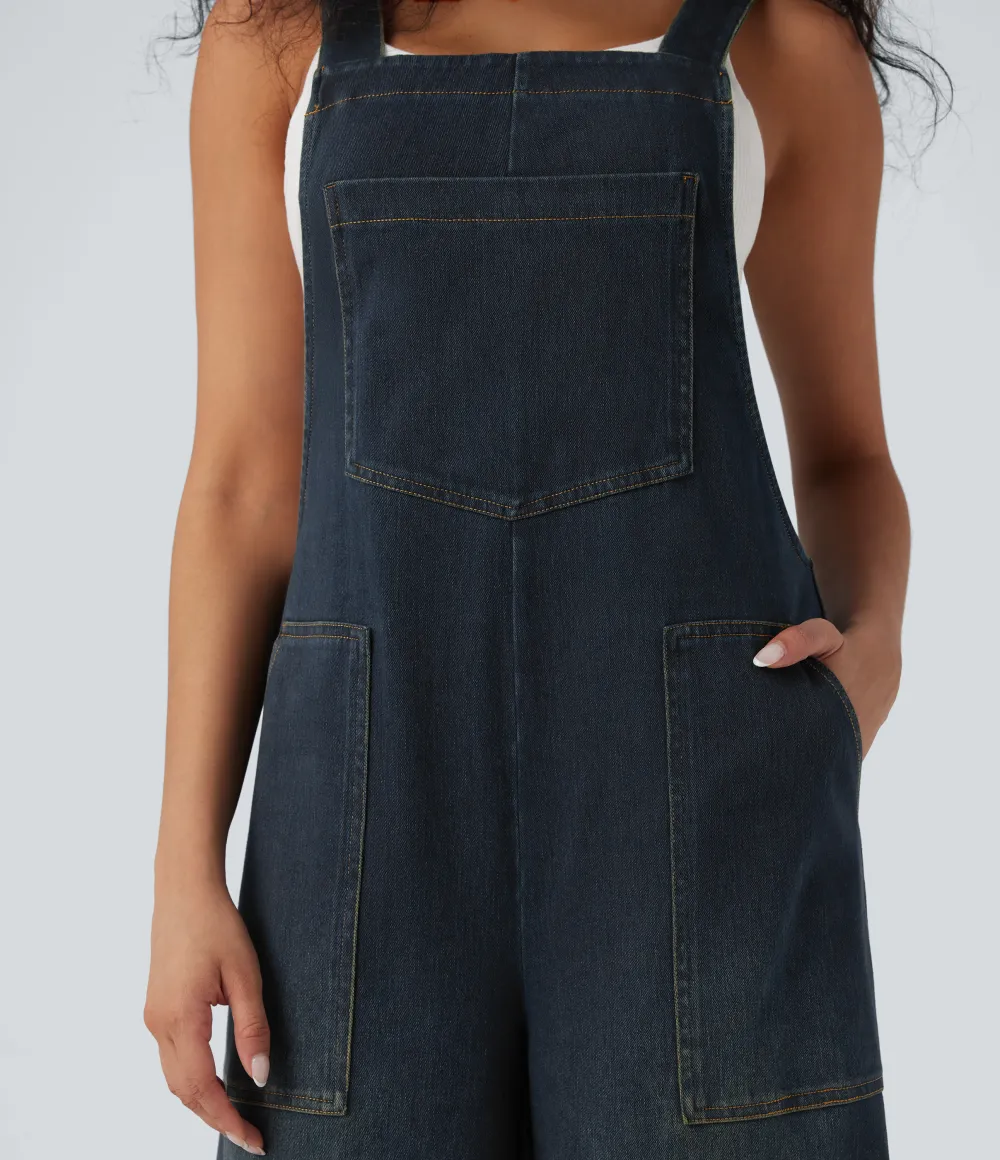  Square Neck Washed Denim Casual Overalls with Pockets