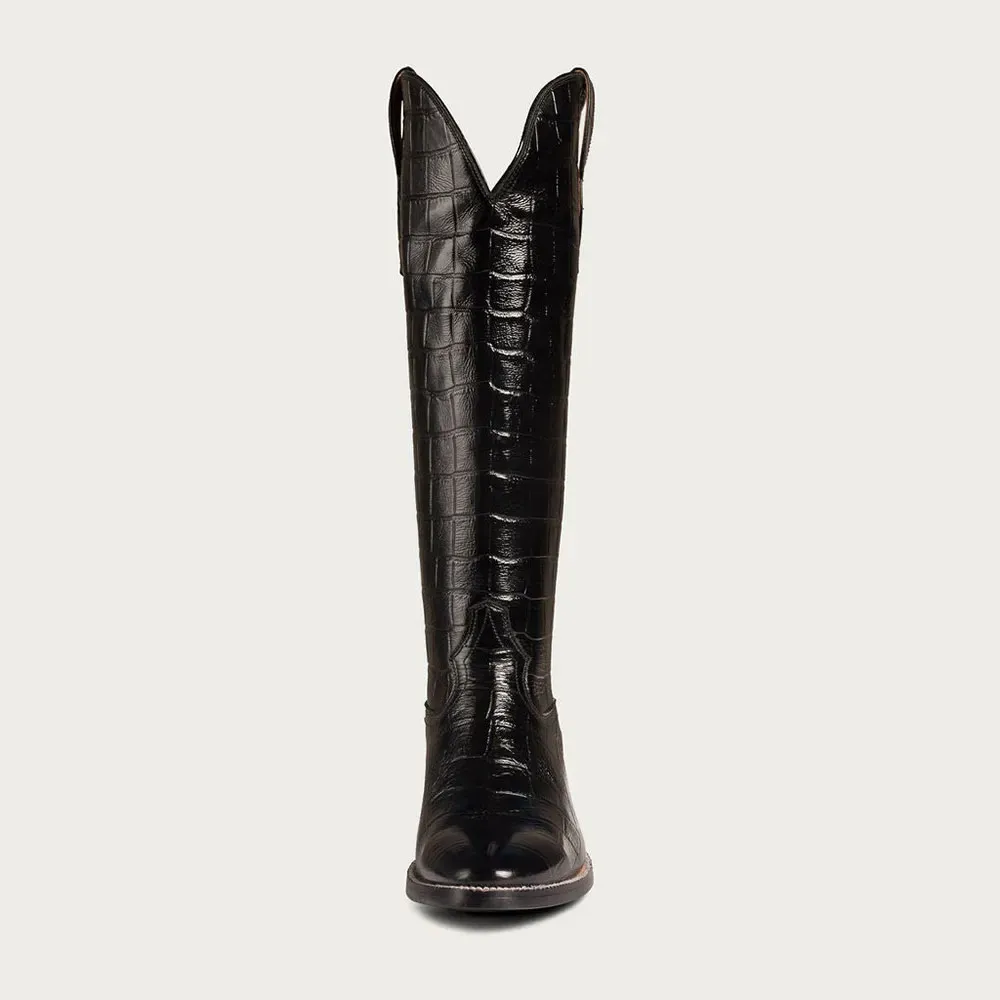 Classic Faux-Leather Crocodile-Embossed Round-Toe Chunky-Heel Knee-High Boots