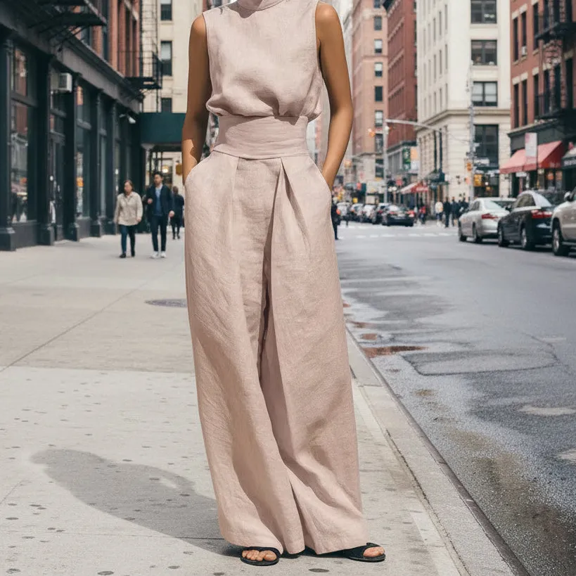 Classic Wide-Leg Sleeveless Linen Women's Matching Set