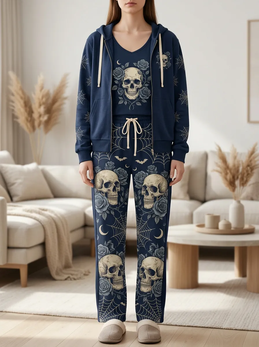 Women's Halloween Gothic Skull Rose Spiderweb Zip-Up Hoodie Jogger Set