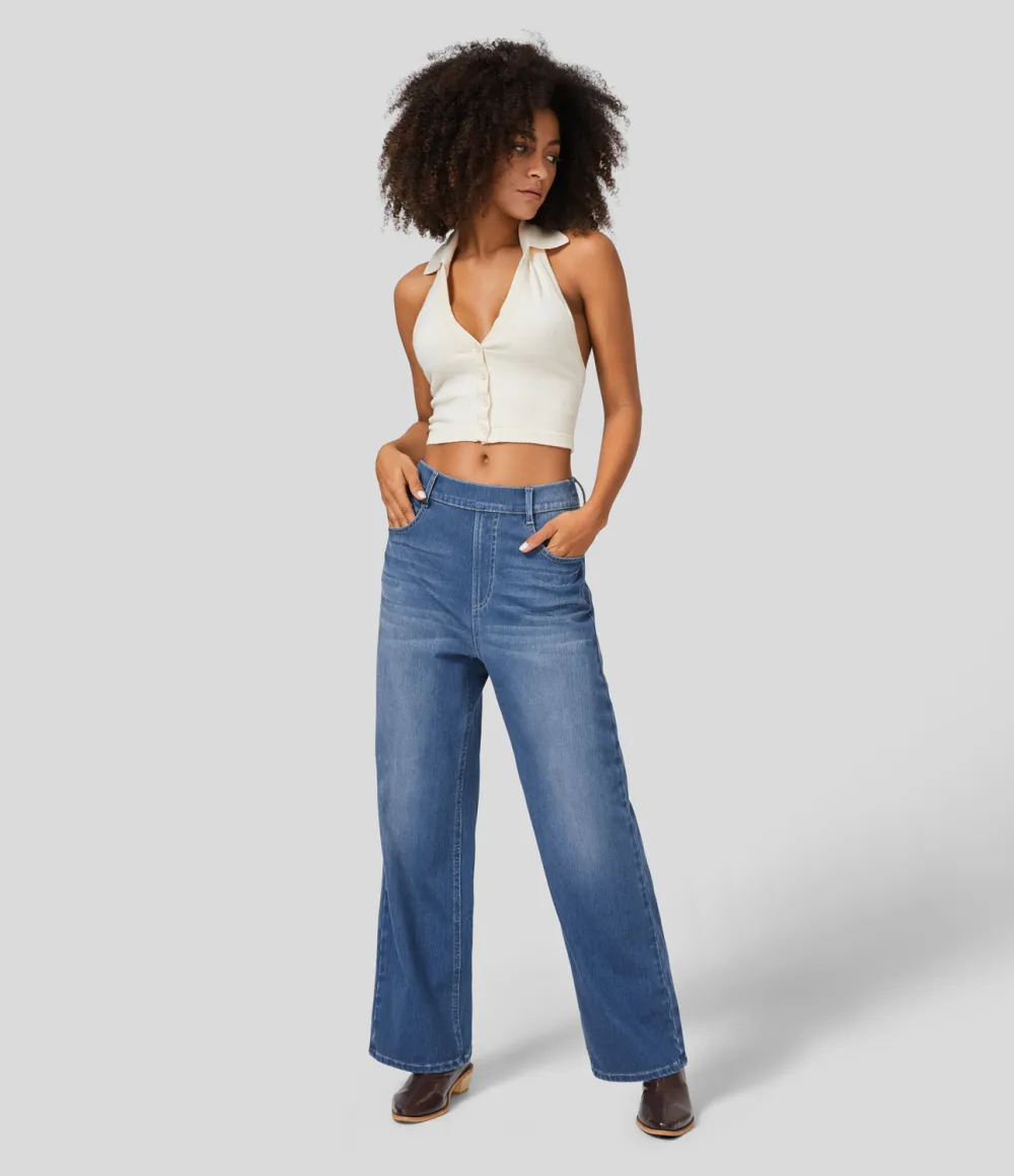 Magic High Waisted Multiple Pockets Washed Stretchy Knit Casual Boyfriend Jeans