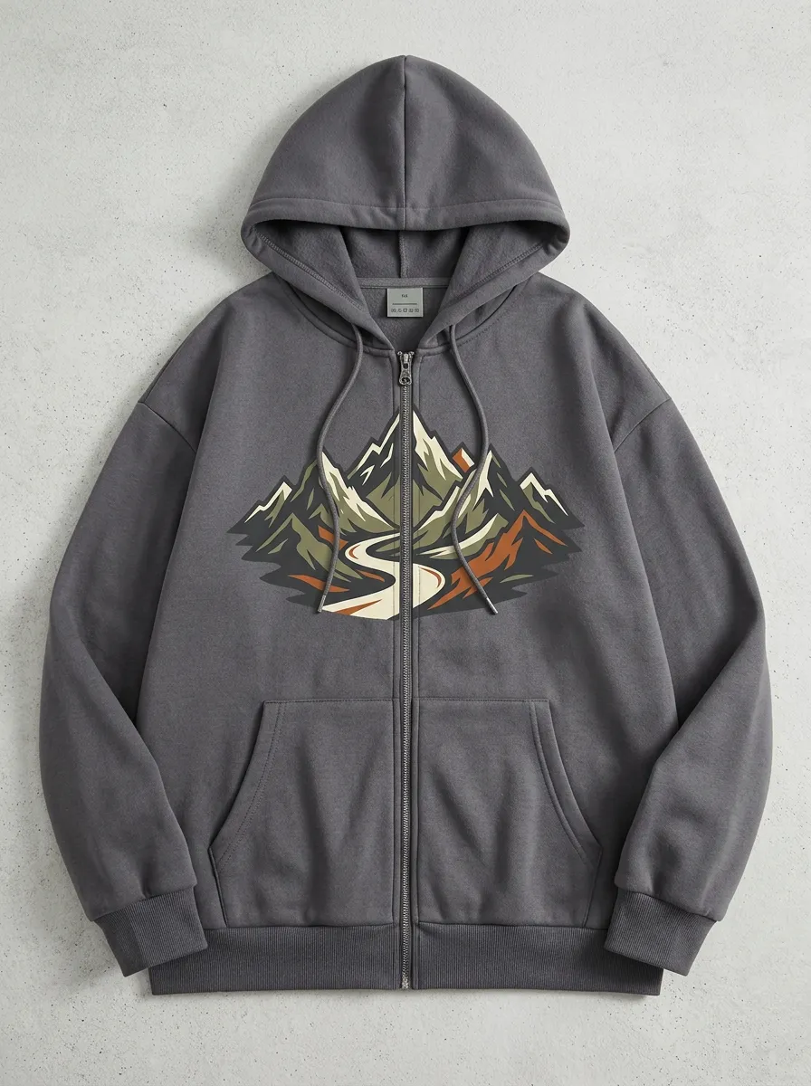 Unisex Outdoor Adventure Mountain Road Printed Zip-up Hoodie