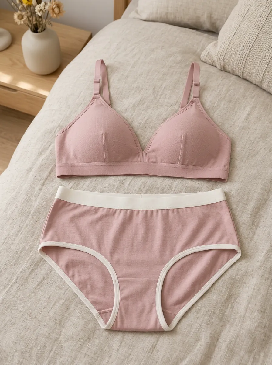 Women's Minimalist Cotton Contrast Trim Triangle Bralette Lingerie Set