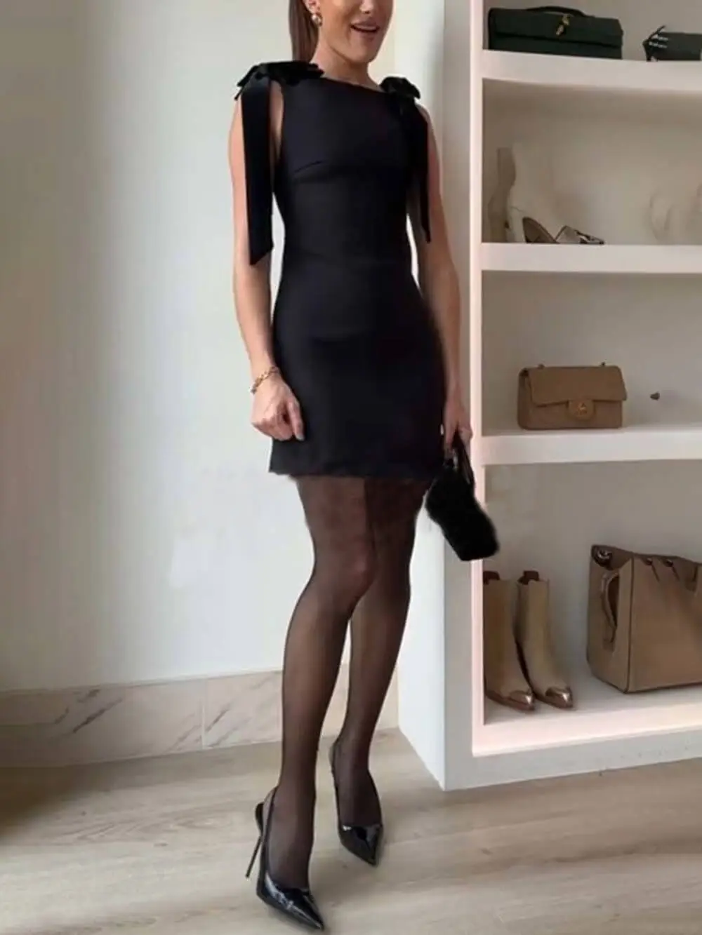 Bow Straps Straight Neckline Elegant Mini Dress