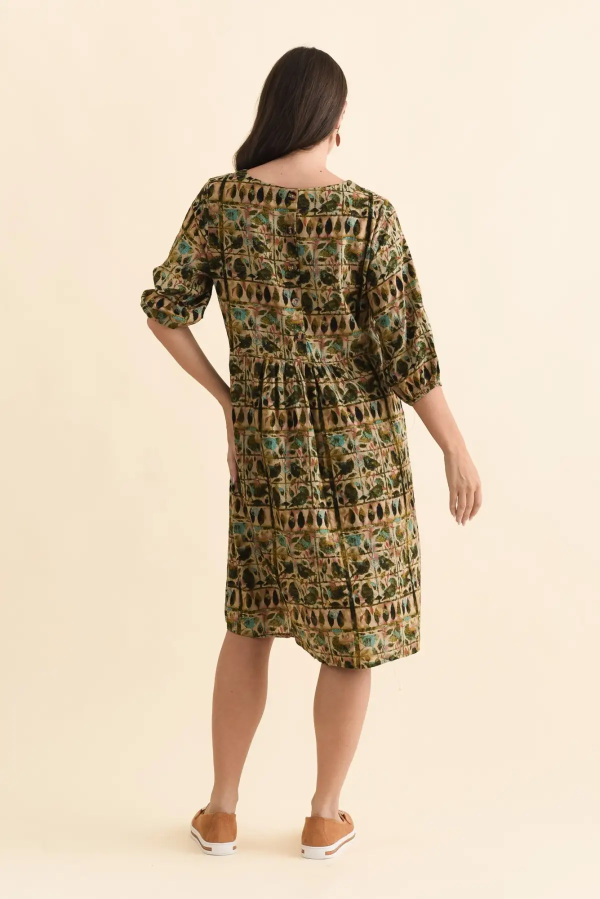Knee-Length Abstract Cotton Blend Pocket Round-Neck Half-Sleeve A-Line Dress