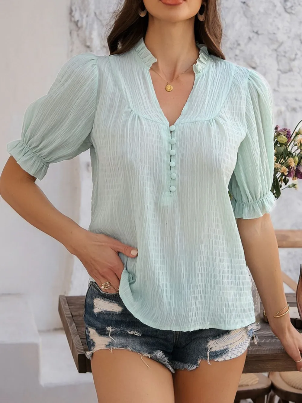 Notched-Neck Short-Sleeve Sheer Buttoned Blouse