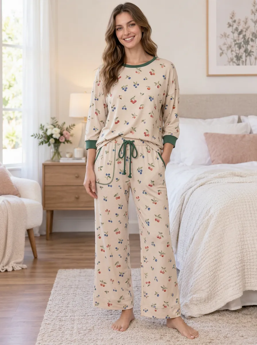 Berry Fruit Crew Neck Short Sleeve Three-Quarter Sleeve Women's Printed Pajama Set