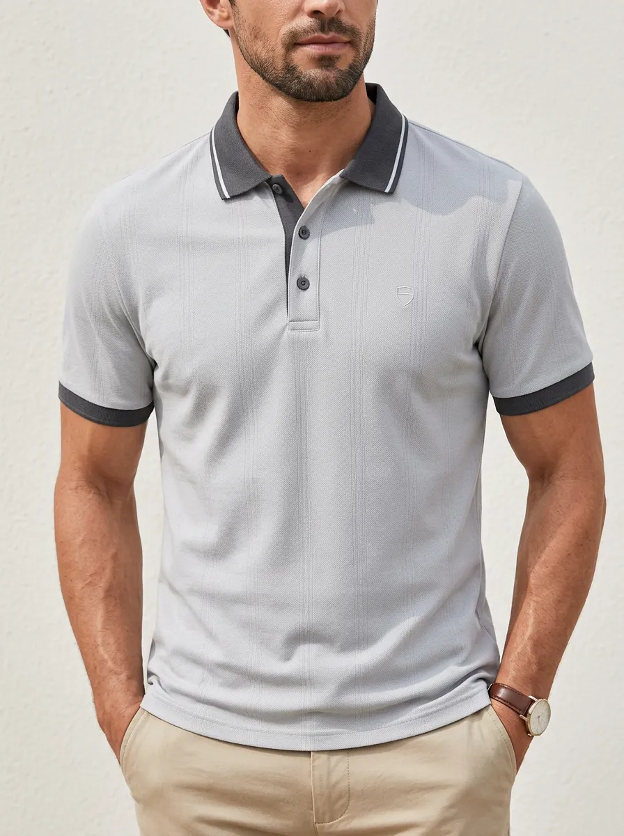 Men's Casual Business Striped Texture Contrast Collar Polo Shirt