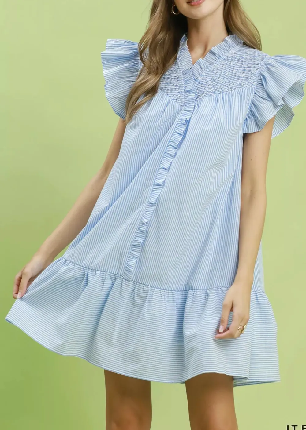 Striped V-Neck Ruffle Sleeve Tiered Dress