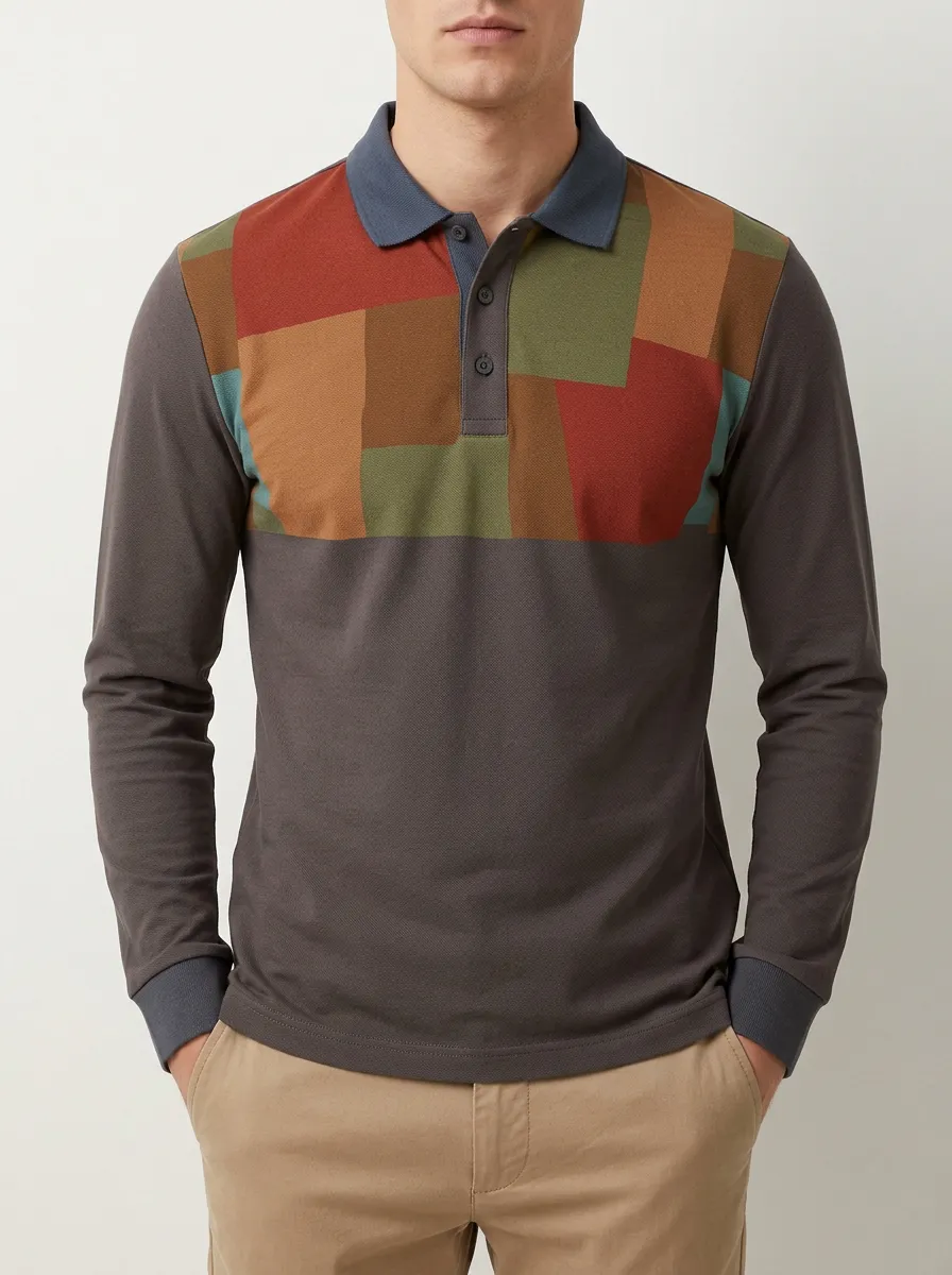 Men's Casual Fashion Colorblock Patchwork Printed Long Sleeve Polo Shirt