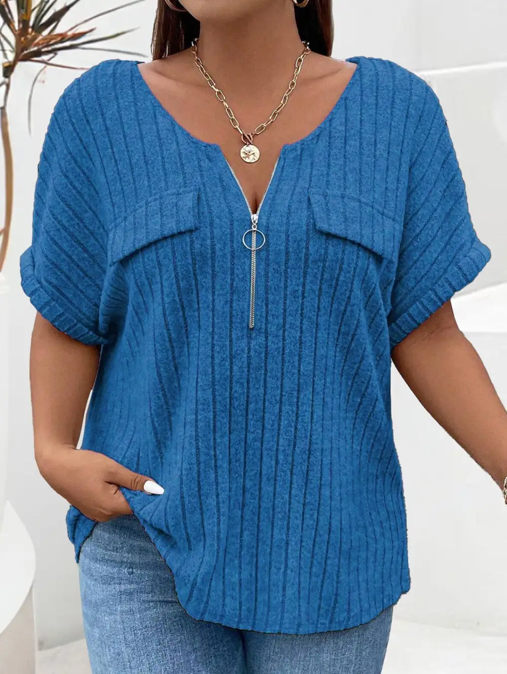 Ribbed V-Neck Knit Top