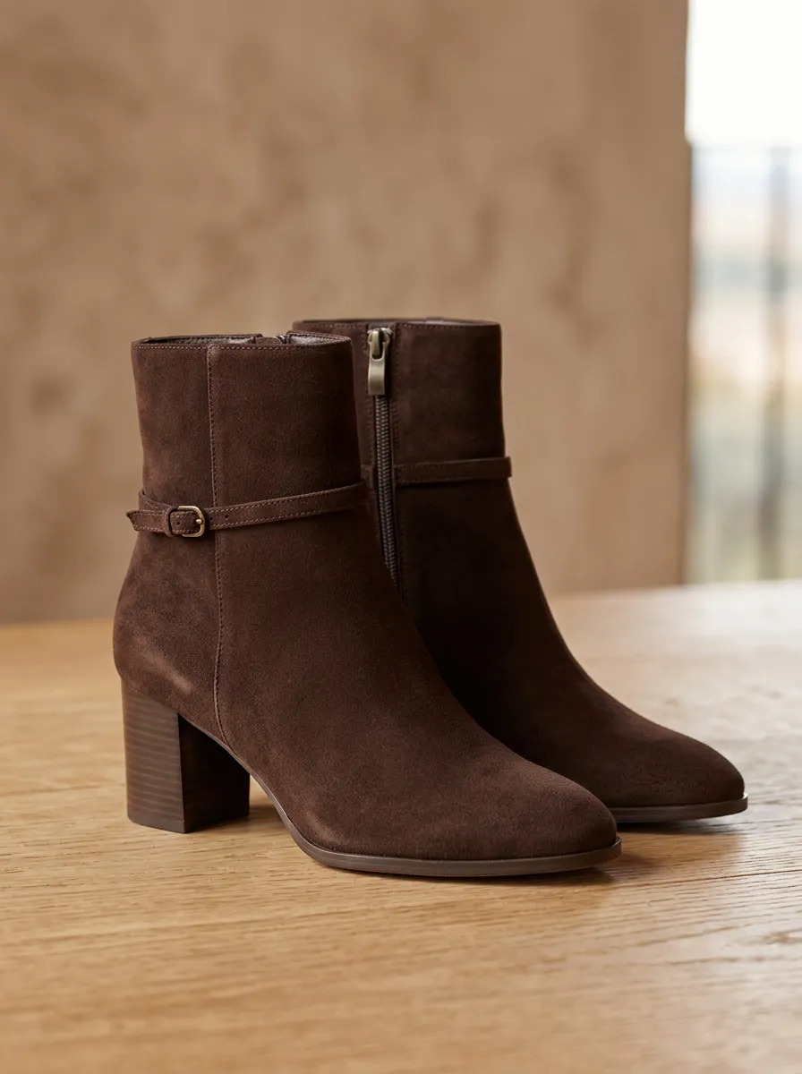 Buckle-Detail Block-Heel Suede-Look Women's High-Heel Ankle Boots