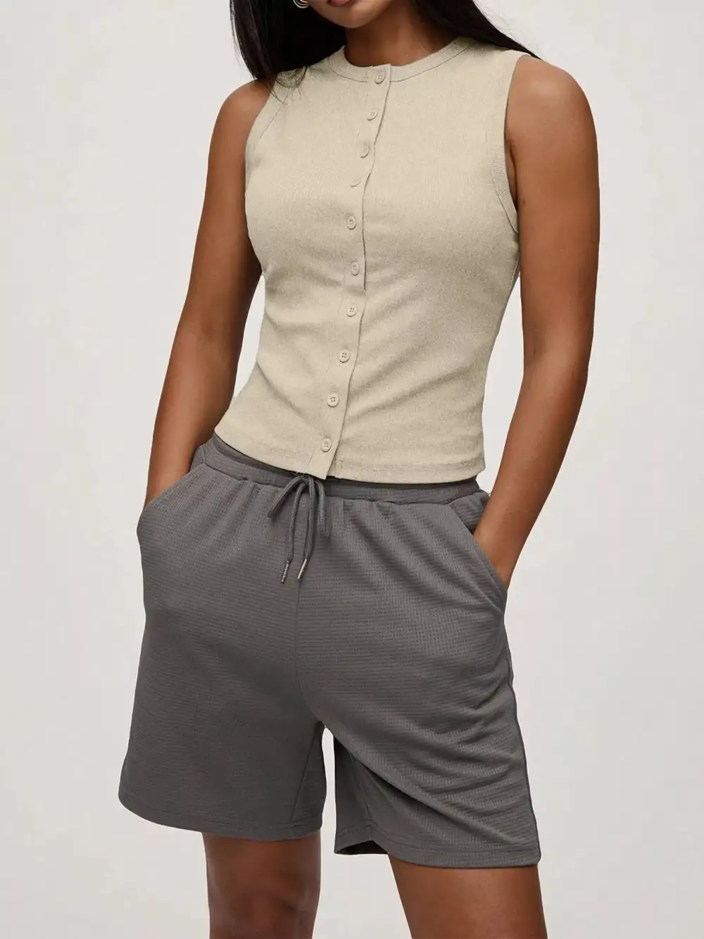 Ribbed Button Front Sleeveless Tank