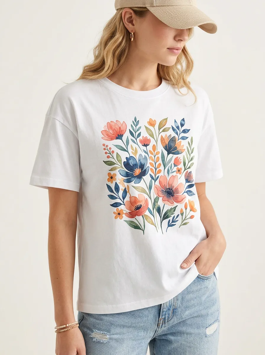 Women's Watercolor Botanical Floral Printed T-Shirt