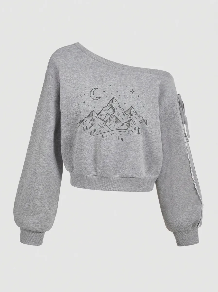 Women's Nature Mountain Moon Stars Graphic Off-Shoulder Sweatshirt