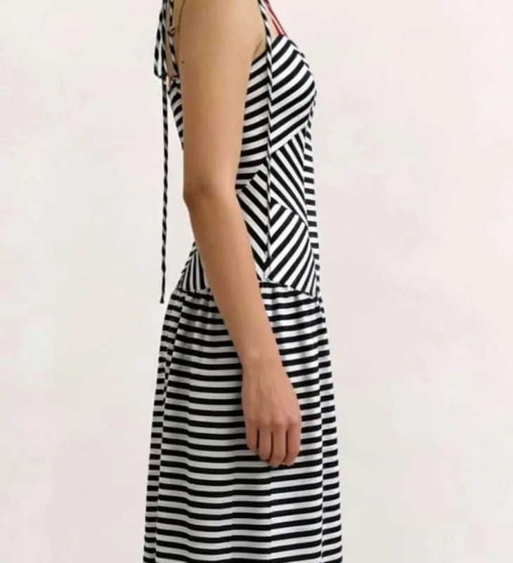Striped V-Neck Tie-Shoulder Maxi Dress