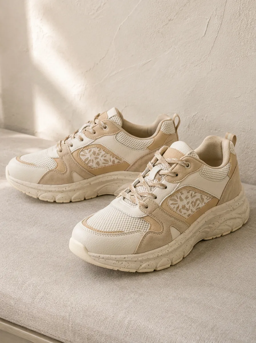Women's Beige Floral Pattern Printed Sneakers