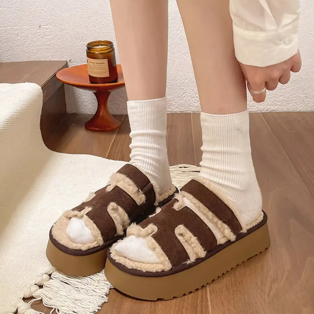 Fluffy Platform Velcro Slippers