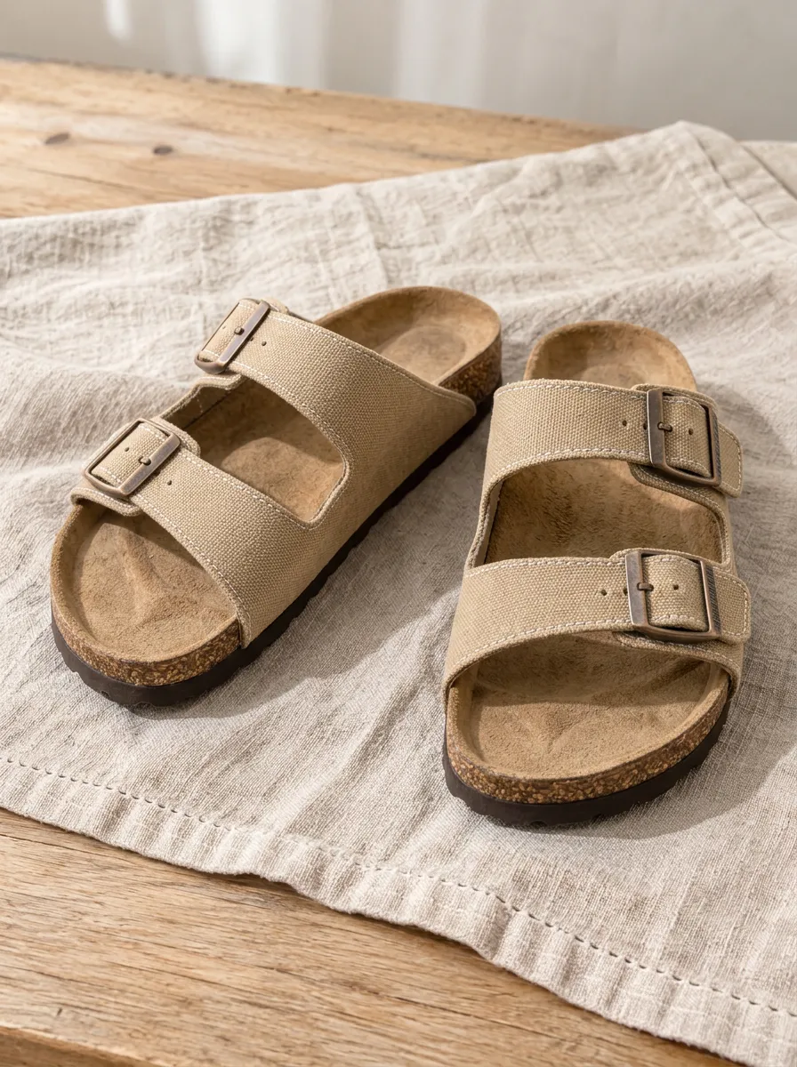 Unisex Casual Beige Canvas Double Buckle Cork Sandals