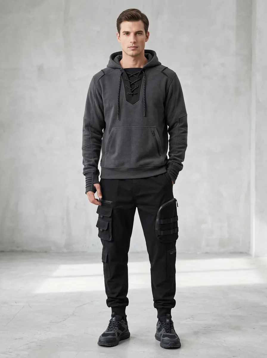 Core Lace-Up Multi Pocket Style Men's Lace Up Hoodie And Cargo Jogger Set