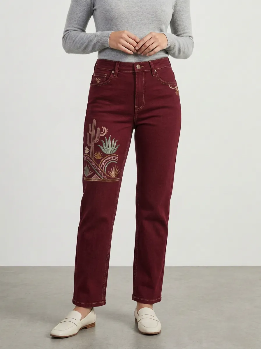 Women's Desert Cactus Western Embroidered Straight Leg Jeans
