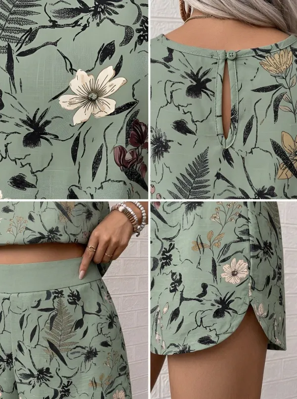 Women's Botanical Floral Fern Printed Sleeveless Shorts Set
