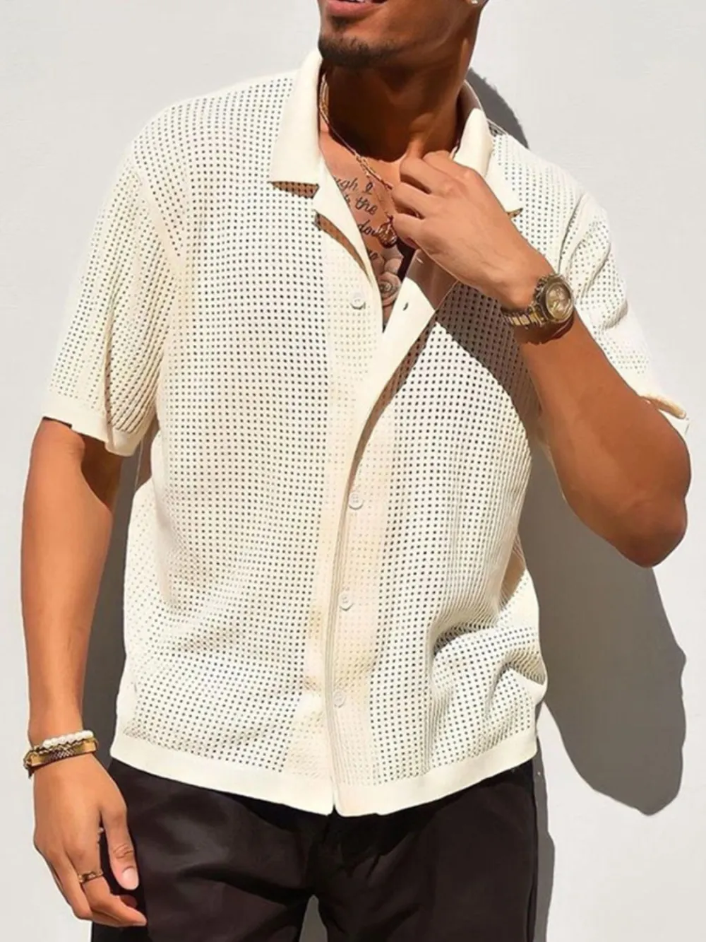 Button Down Openwork Collared Shirt
