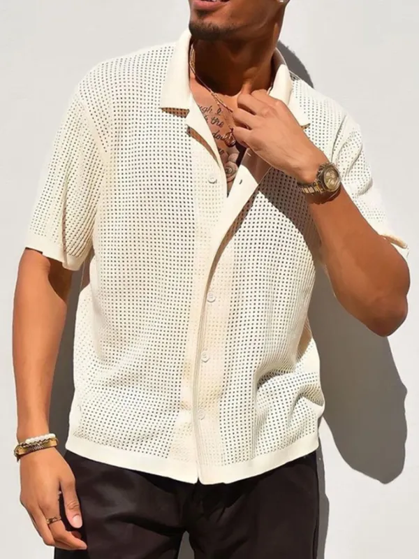 Button Down Openwork Collared Shirt