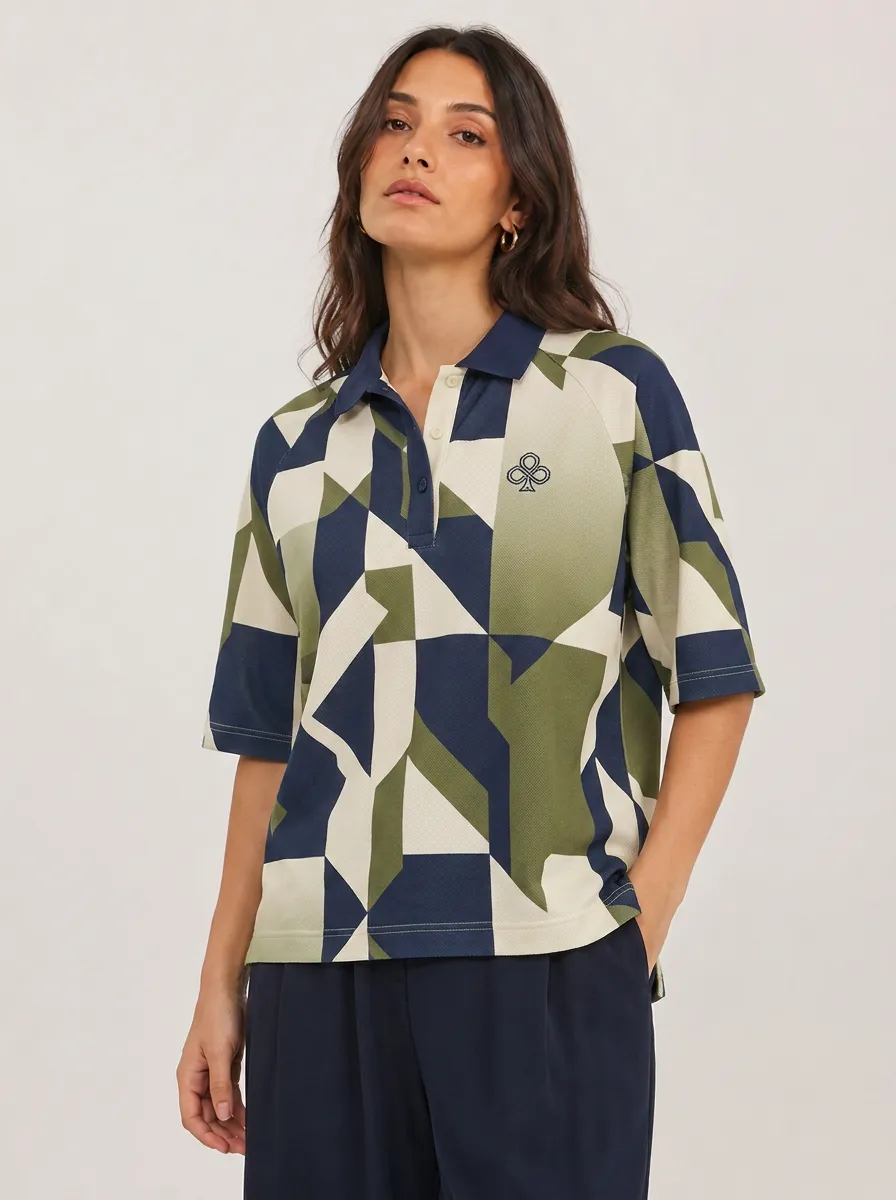 Women's Geometric Pattern Olive Navy Printed Polo Shirt